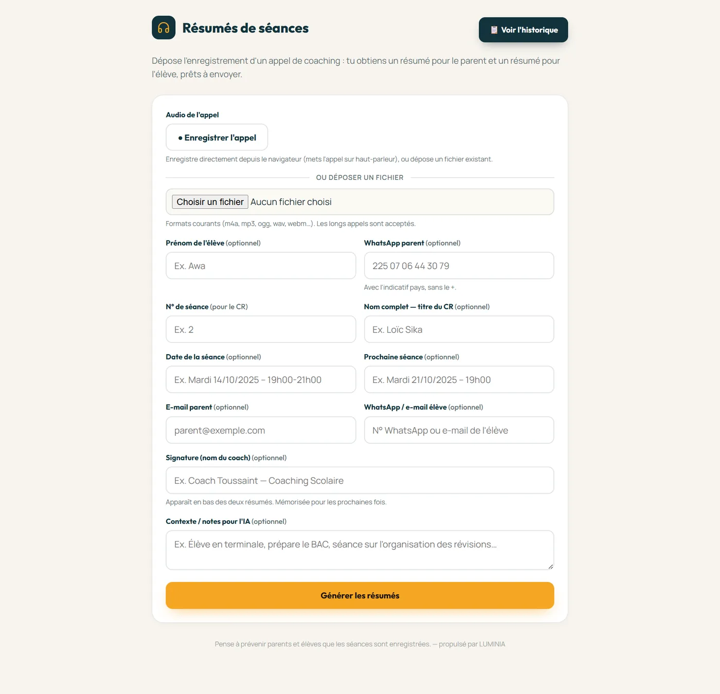 Exemple d'automatisation créée par LUMINIA : un appel de coaching transformé en deux comptes-rendus